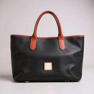 Vintage Dooney & Bourke Black Pebbled Leather Tote Bag with Red Trim
